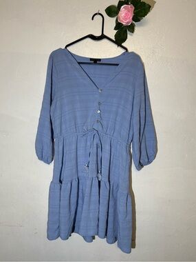 As U Wish Light Blue V-Neck Tiered Drawstring Mini Dress